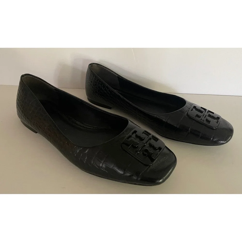Tory Burch Georgia Black Croc Embossed Leather Square Toe Ballet Flats Career 8M